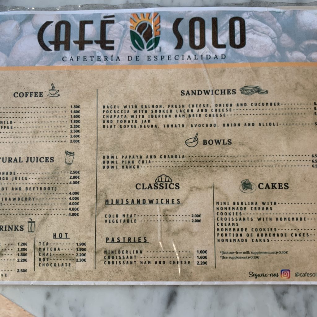 Menu of the cafe Solo 