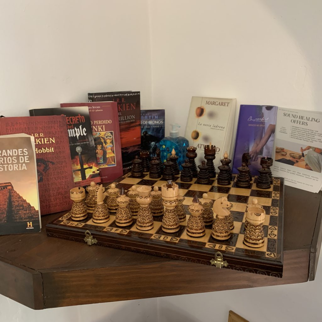 Chess and books on a shelf 