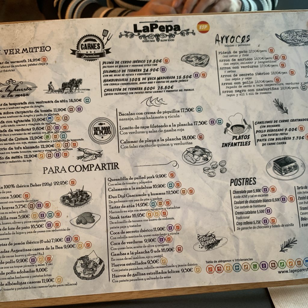 Menu of the restaurant La Pepa