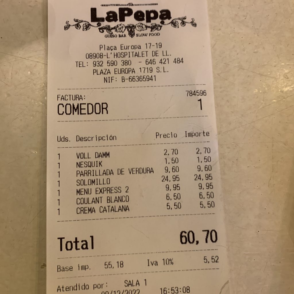 the receipt from restaurant La Pepa