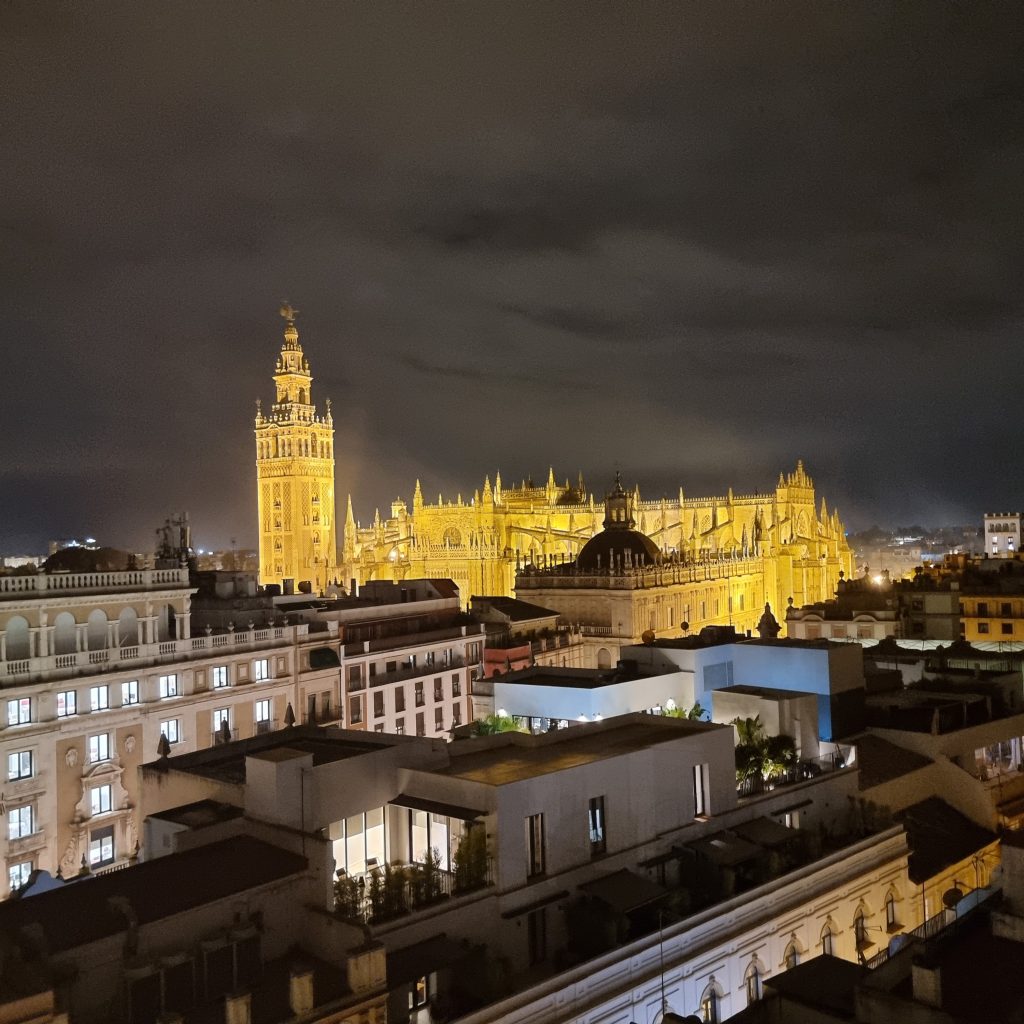 Great Catedral de Sevilla night view from QUERENCIA DE SEVILLA hotel roof top bar