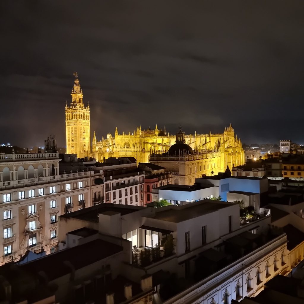 Lighten up Catedral de Sevilla night view from QUERENCIA DE SEVILLA hotel roof top